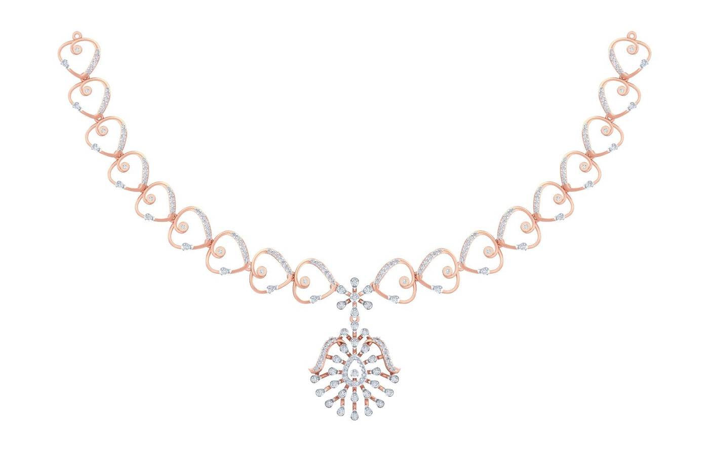 A rose gold and diamond necklace with a floral design, shown against a plain white background.