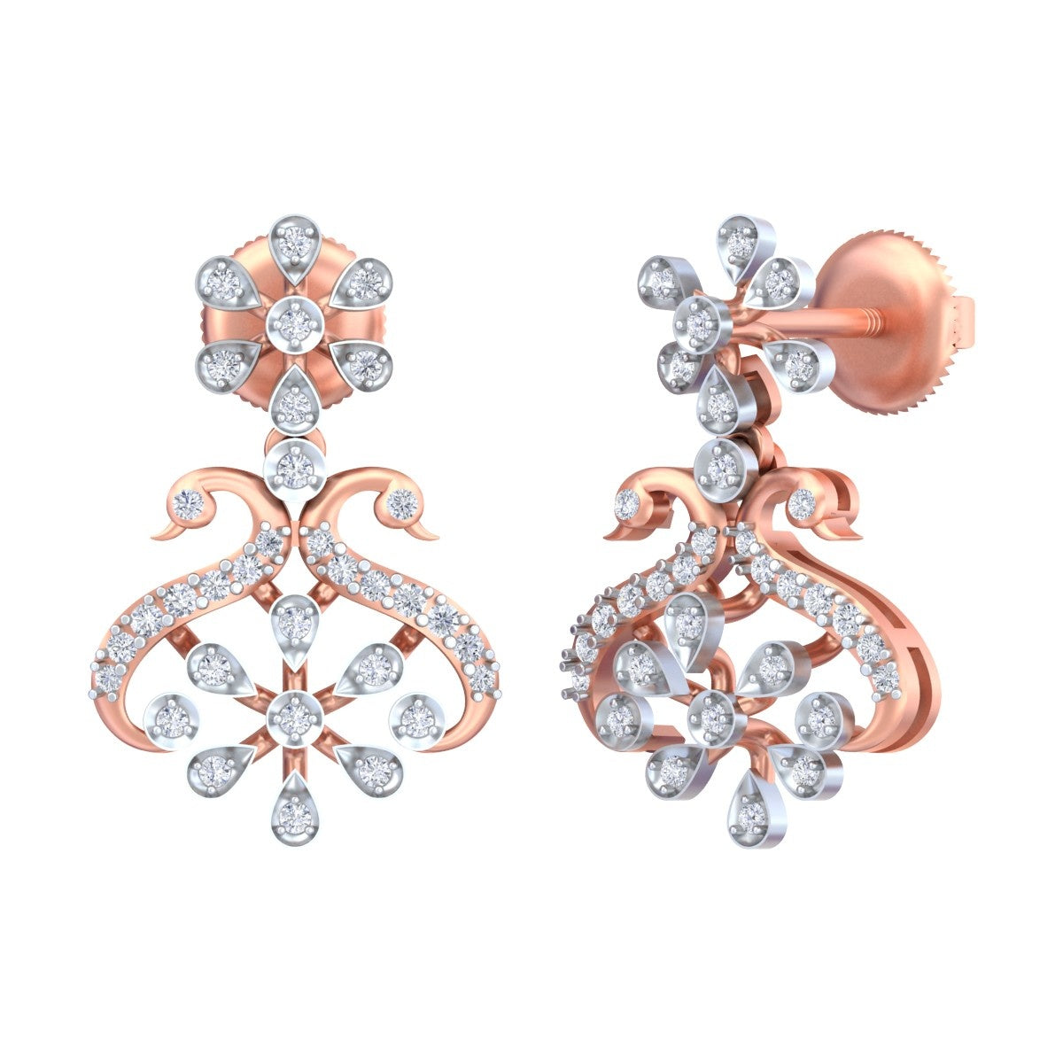 Pair of rose gold and diamond floral-shaped drop earrings on a white background
