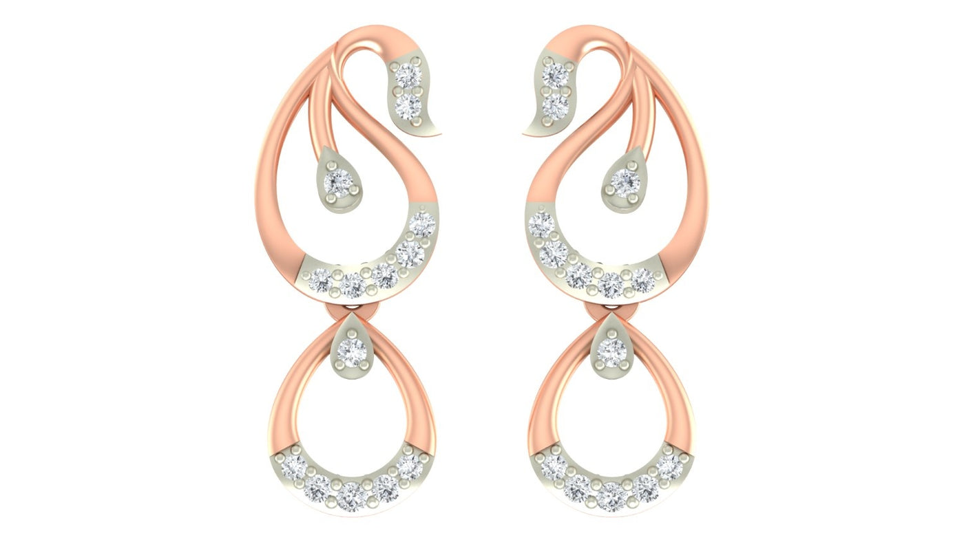 Rose gold and diamond drop earrings on a white background.