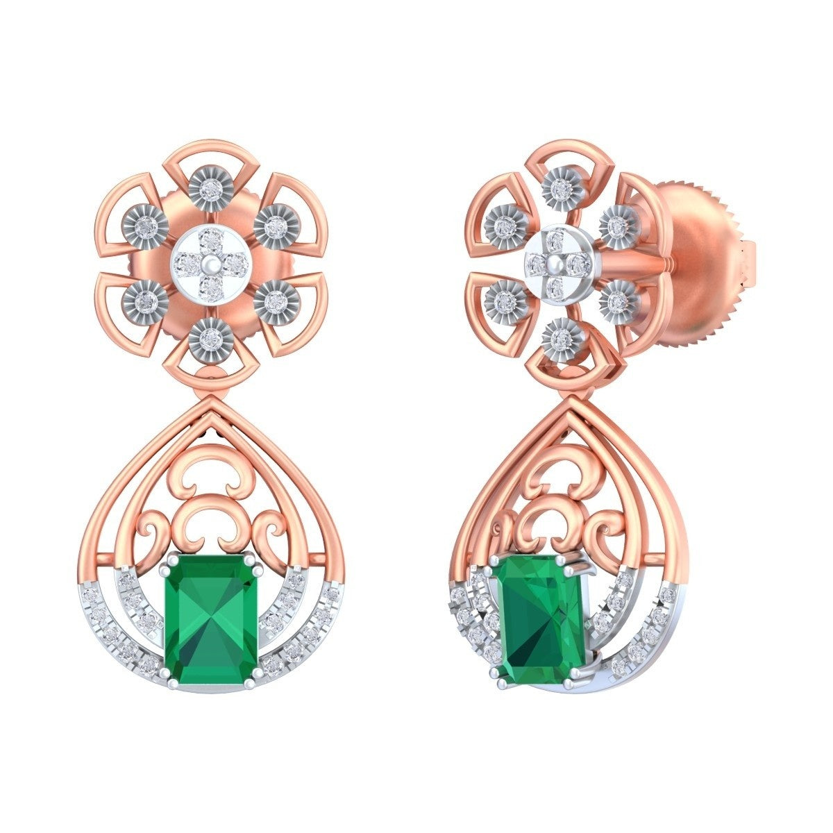 Rose gold and diamond earrings with green gemstones on a white background