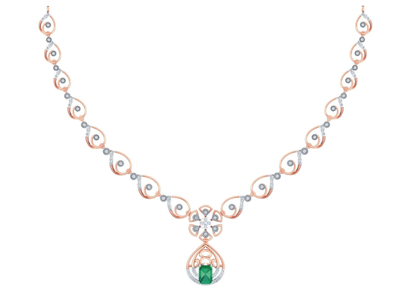 A rose gold and diamond necklace featuring a central emerald-cut green gemstone, set against a plain white background.