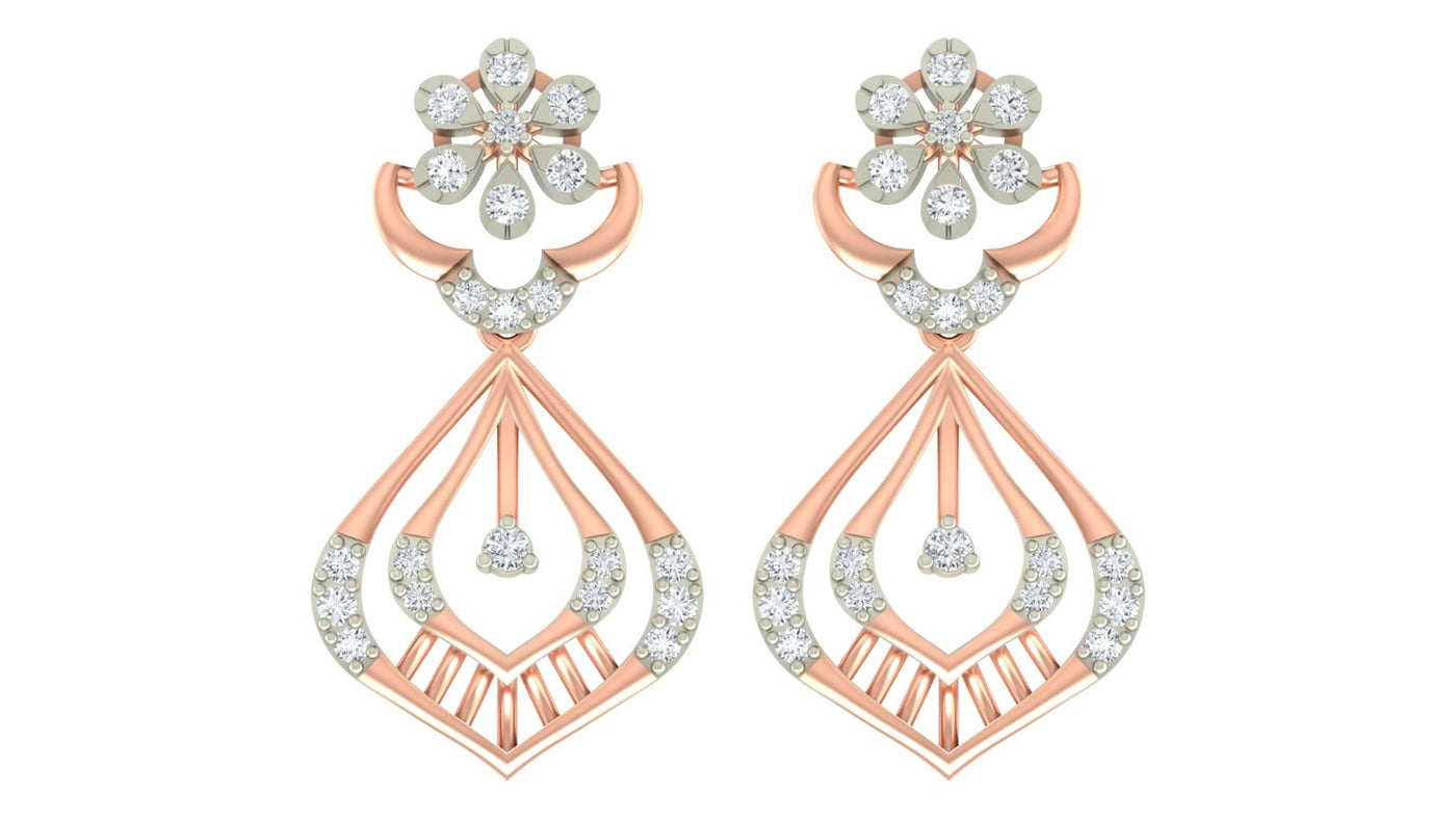 Pair of rose gold and diamond earrings with diamond accents on a white background


