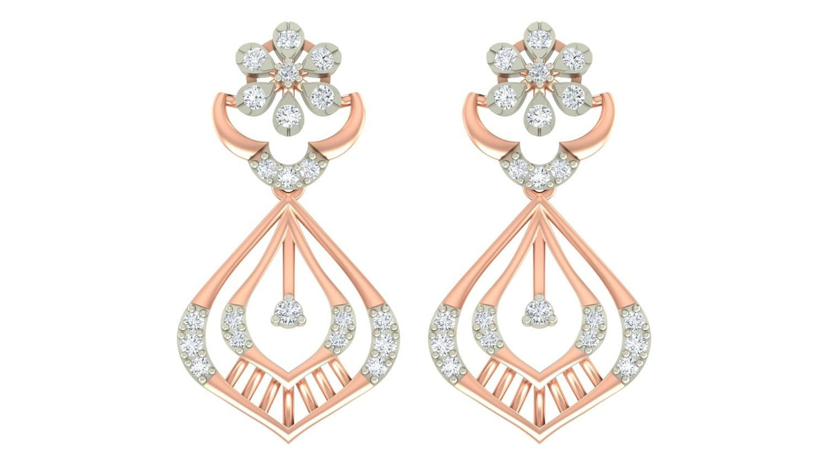 Pair of rose gold and diamond earrings with diamond accents on a white background