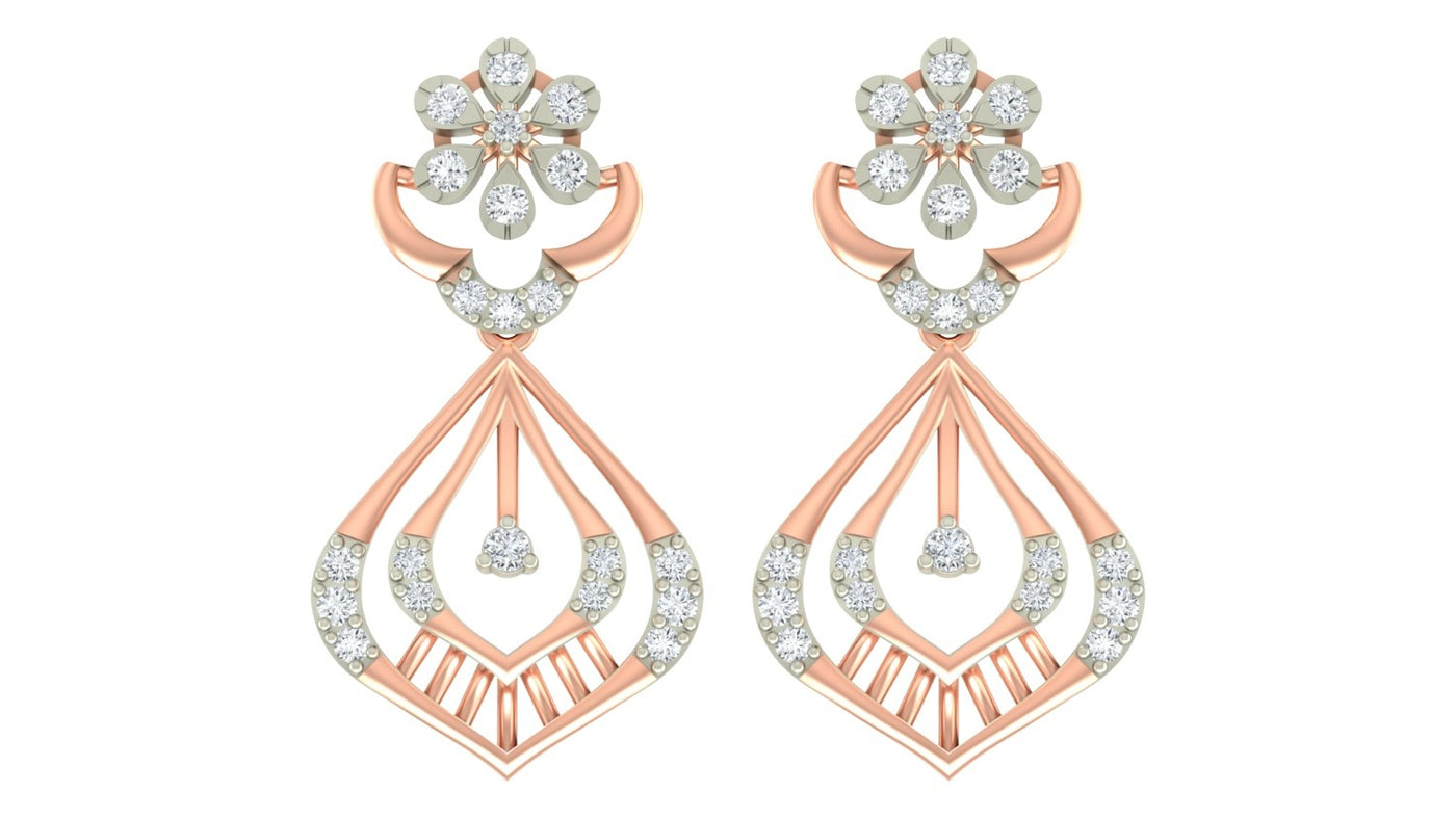 A pair of elegant rose gold dangle earrings on a pure white background