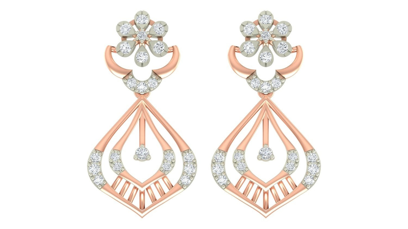 A pair of elegant rose gold drop earrings on a pure white background