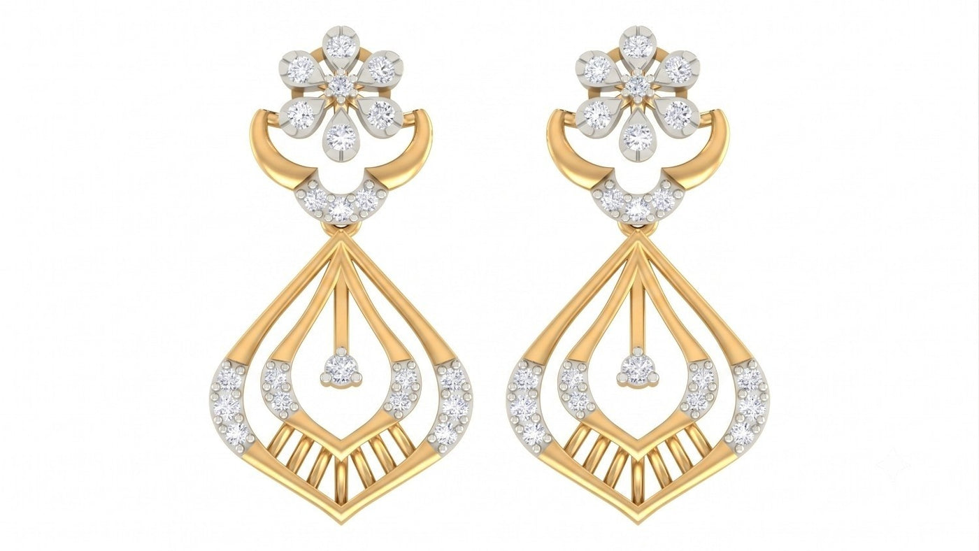 A pair of elegant yellow gold drop earrings on a pure white background
