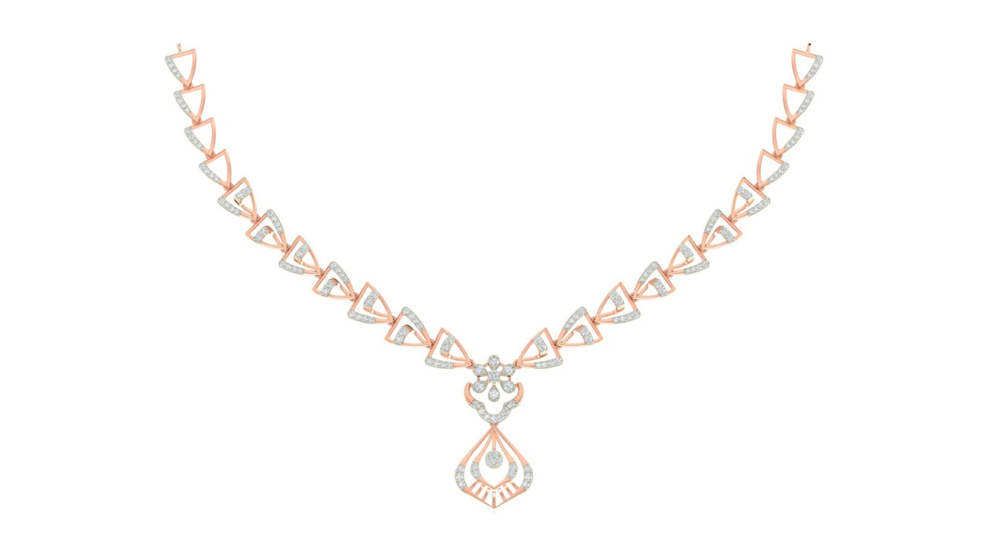 Rose gold and diamond necklace featuring a geometric triangle pattern with a teardrop-shaped, displayed on a solid white background.