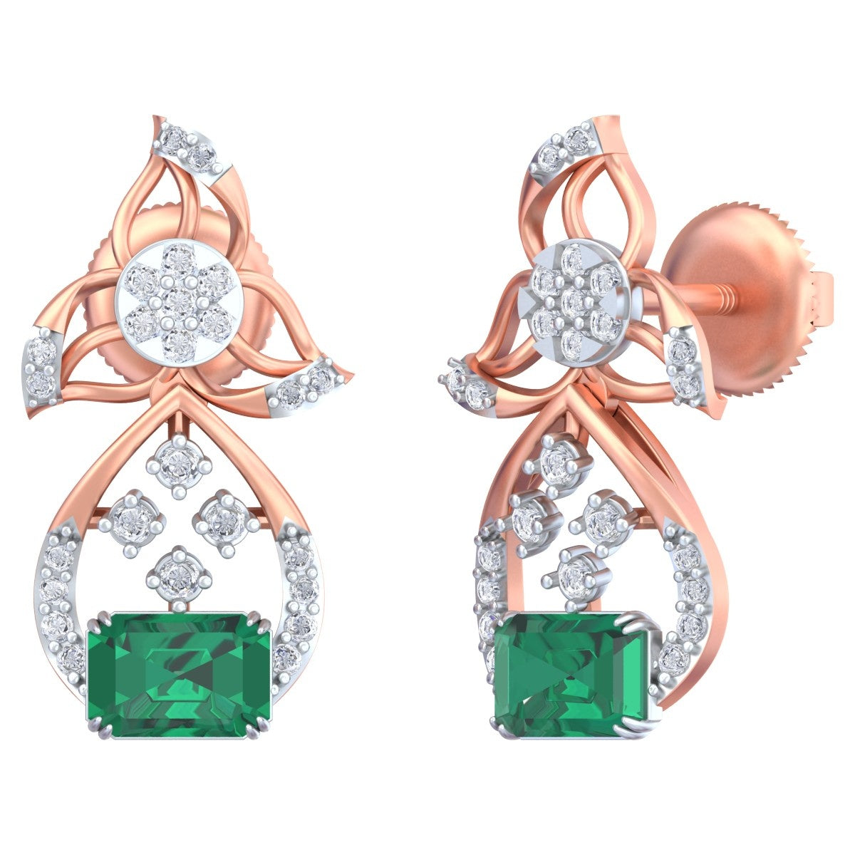 Rose gold and diamond stud earring with gemstone on a white background.