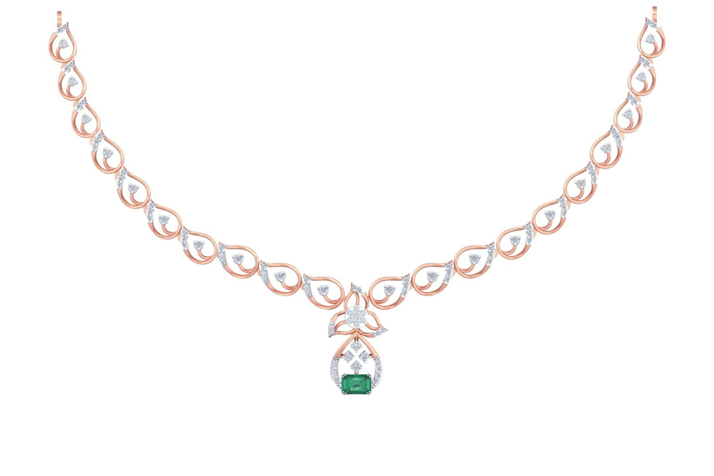 Rose gold and diamond necklace with a green gemstone on a white background