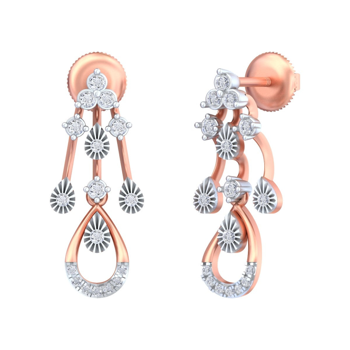 Pair of rose gold and diamond dangler earrings on a white background