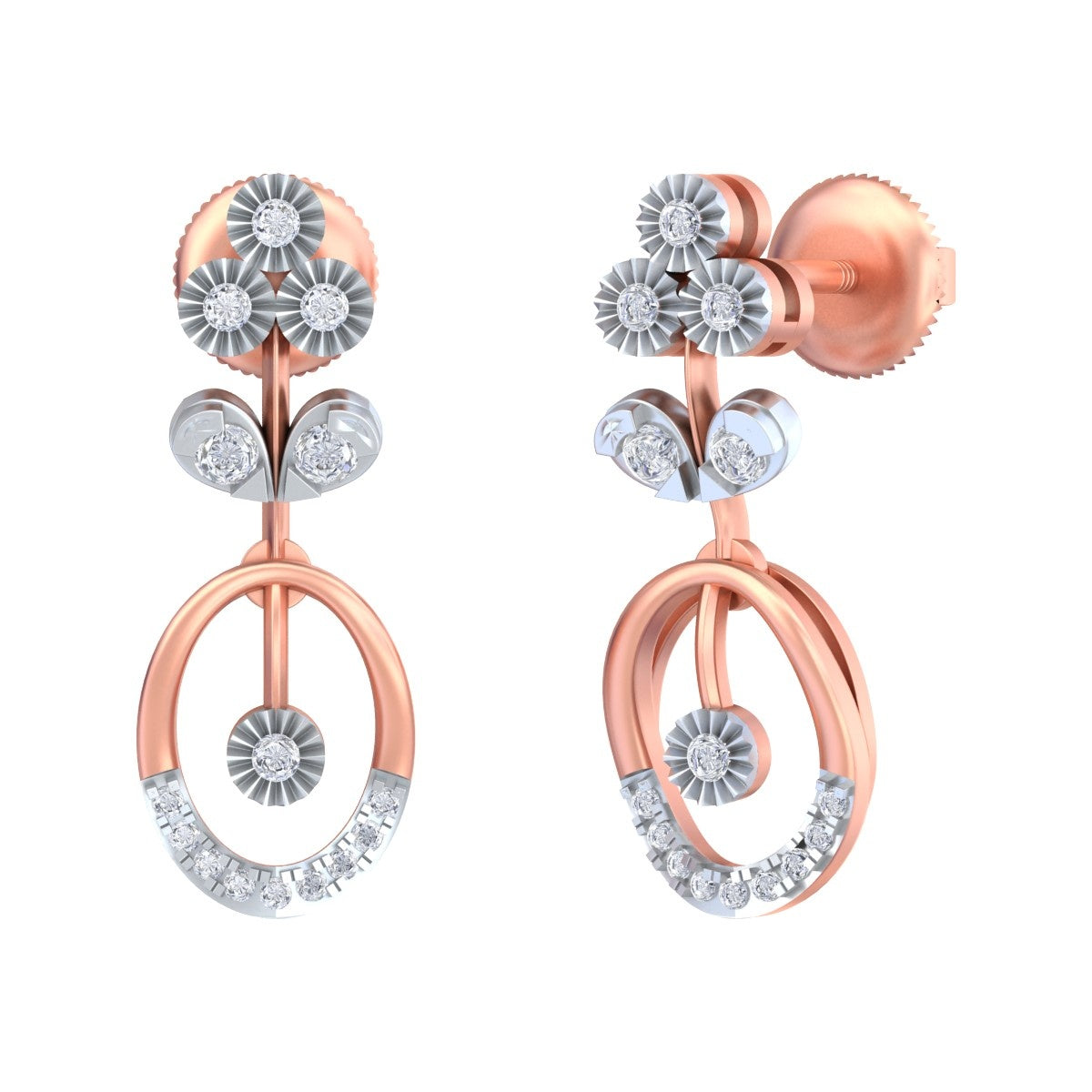 Rose gold and diamond drop earring on a white background.