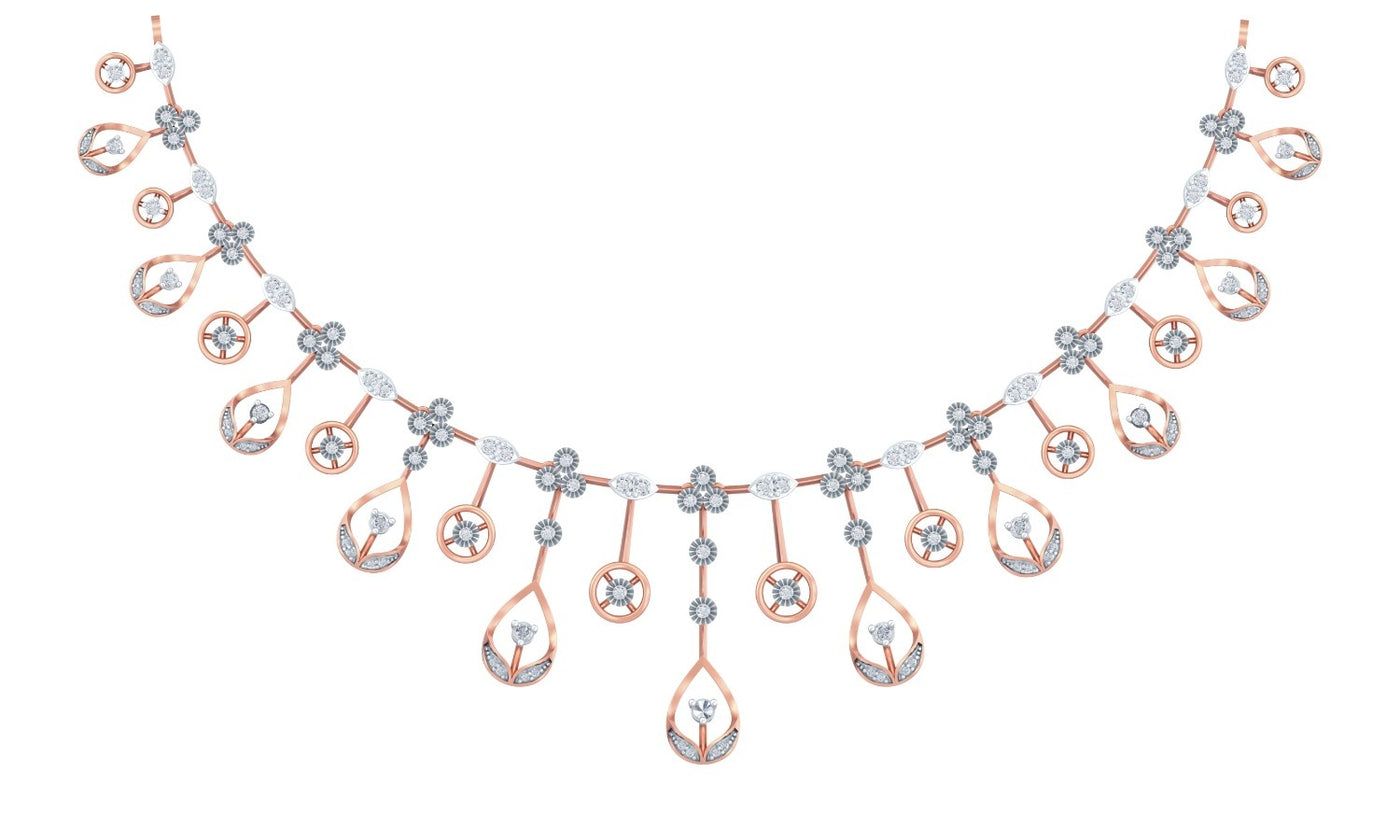 Ornate necklace with floral and teardrop designs on a white background