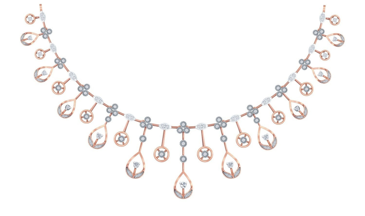 A rose gold and diamond necklace with a symmetrical design of teardrop-shaped drops and floral motifs, displayed on a solid white background.