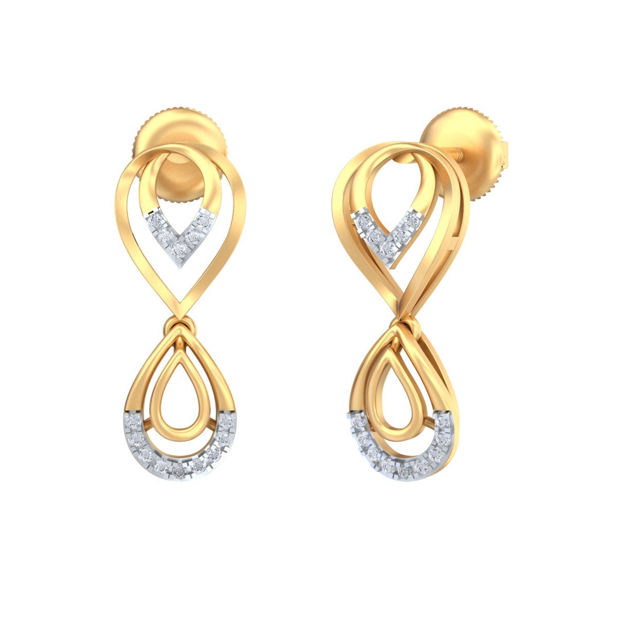 Yellow gold and diamond drop earrings on a white background.