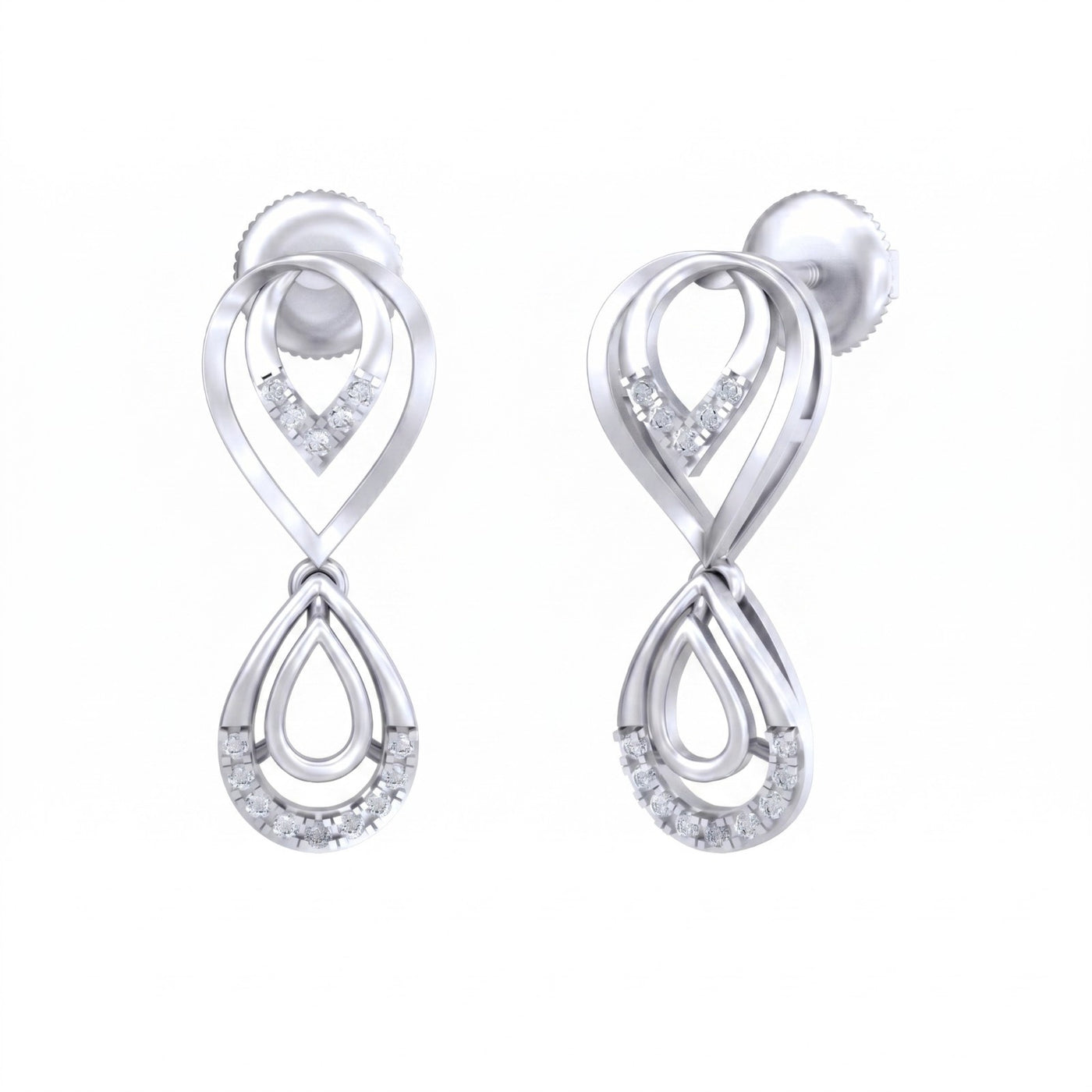 White gold and diamond drop earrings on a white background.