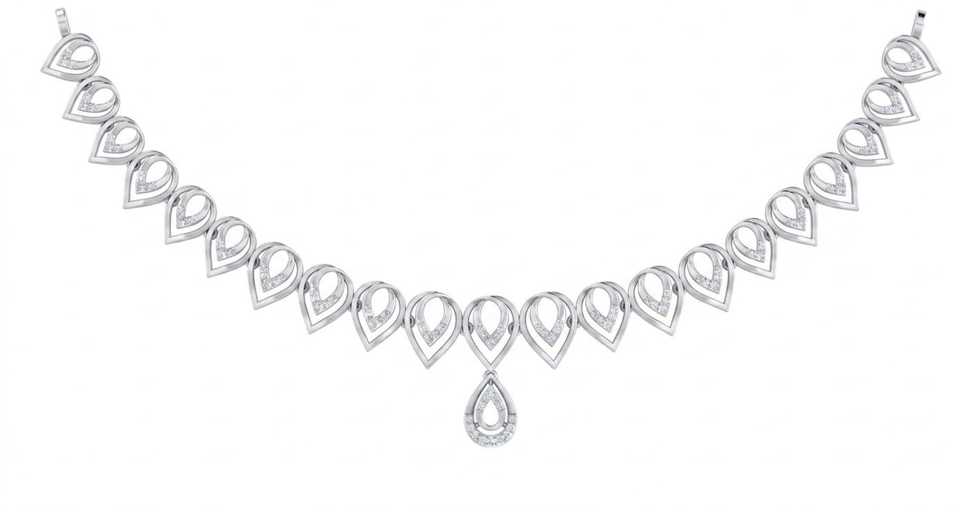 White gold and diamond necklace with teardrop design, shown on a plain white background.