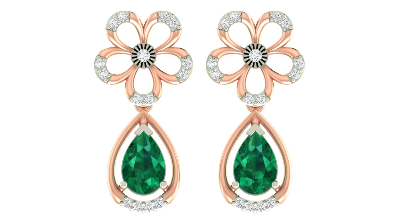 Rose Gold and diamond drop earrings with emerald gemstones on a white background