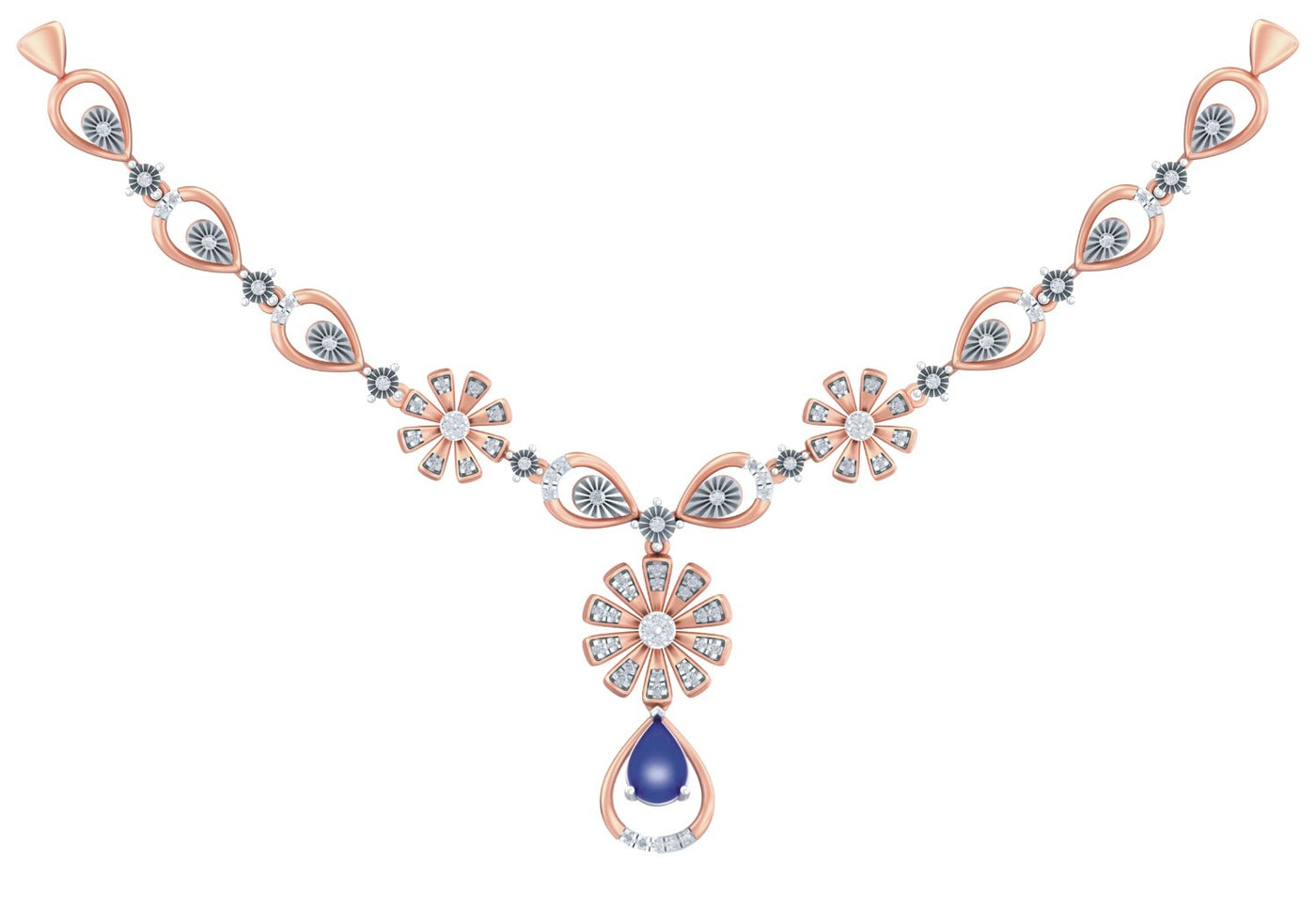 Rose Gold and diamond necklace with floral designs and a blue gemstone pendant.