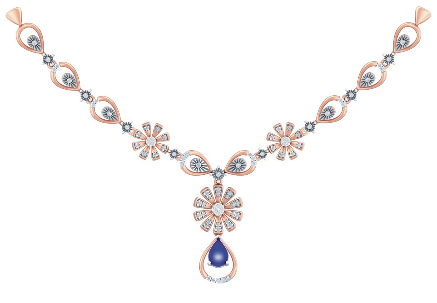 Rose gold and diamond necklace with a teardrop-shaped blue sapphire gemstone, shown on a plain white background.