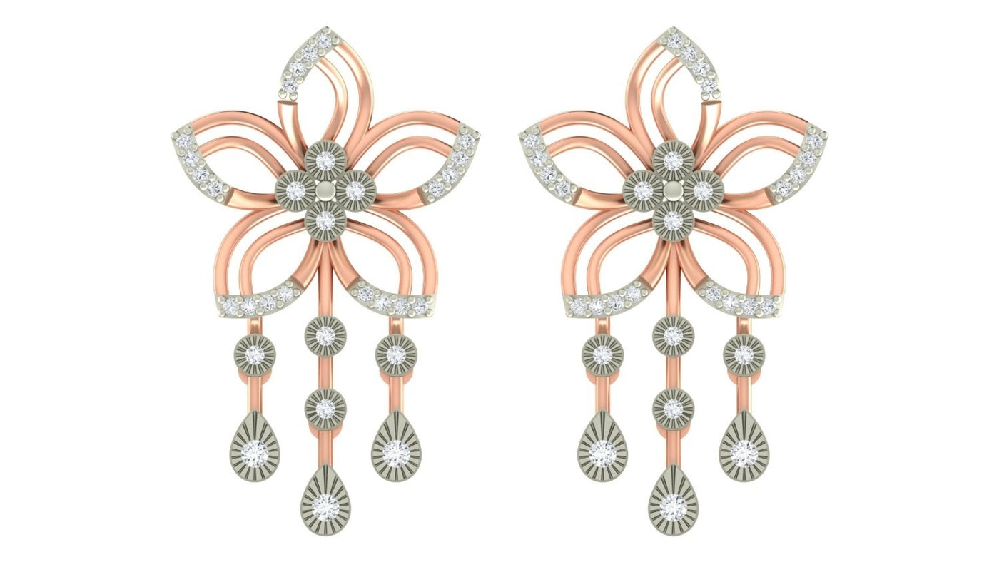 Pair of rose gold and diamond earrings with floral design on a white background