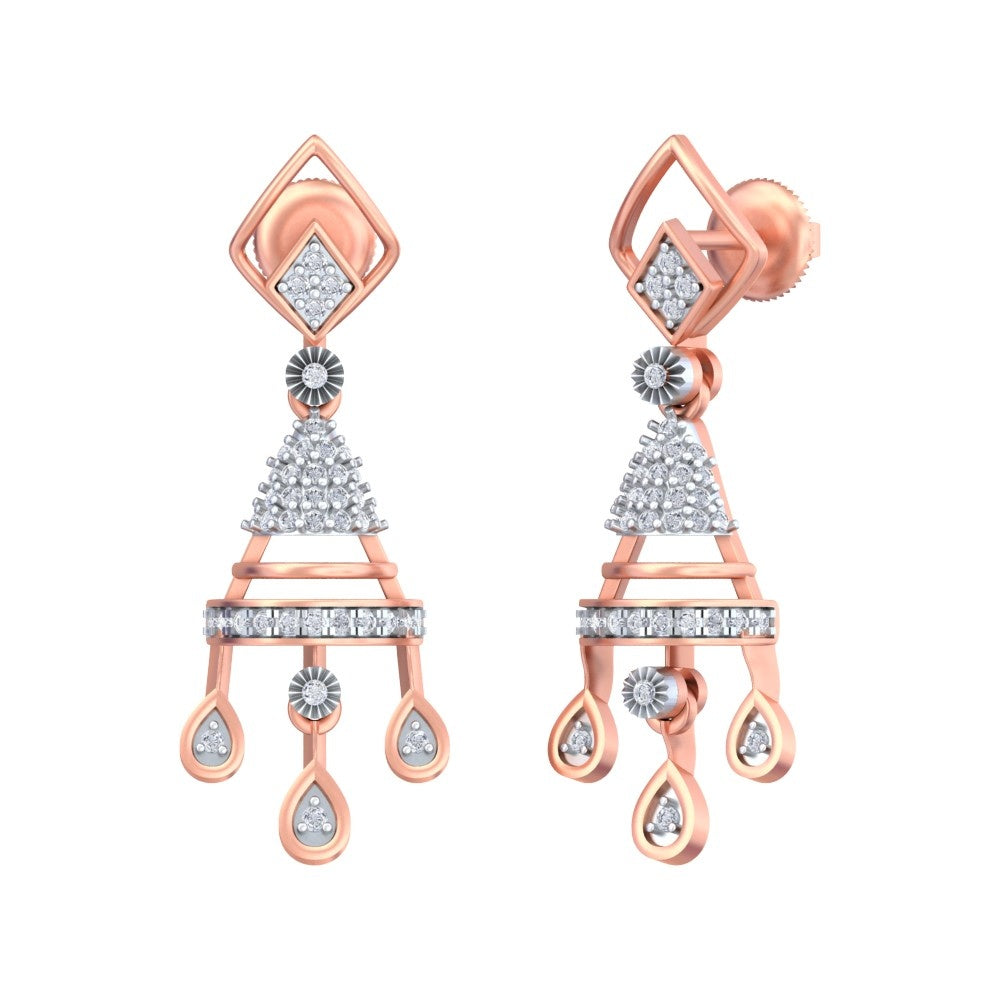 Rose gold and diamond drop earring on a white background.