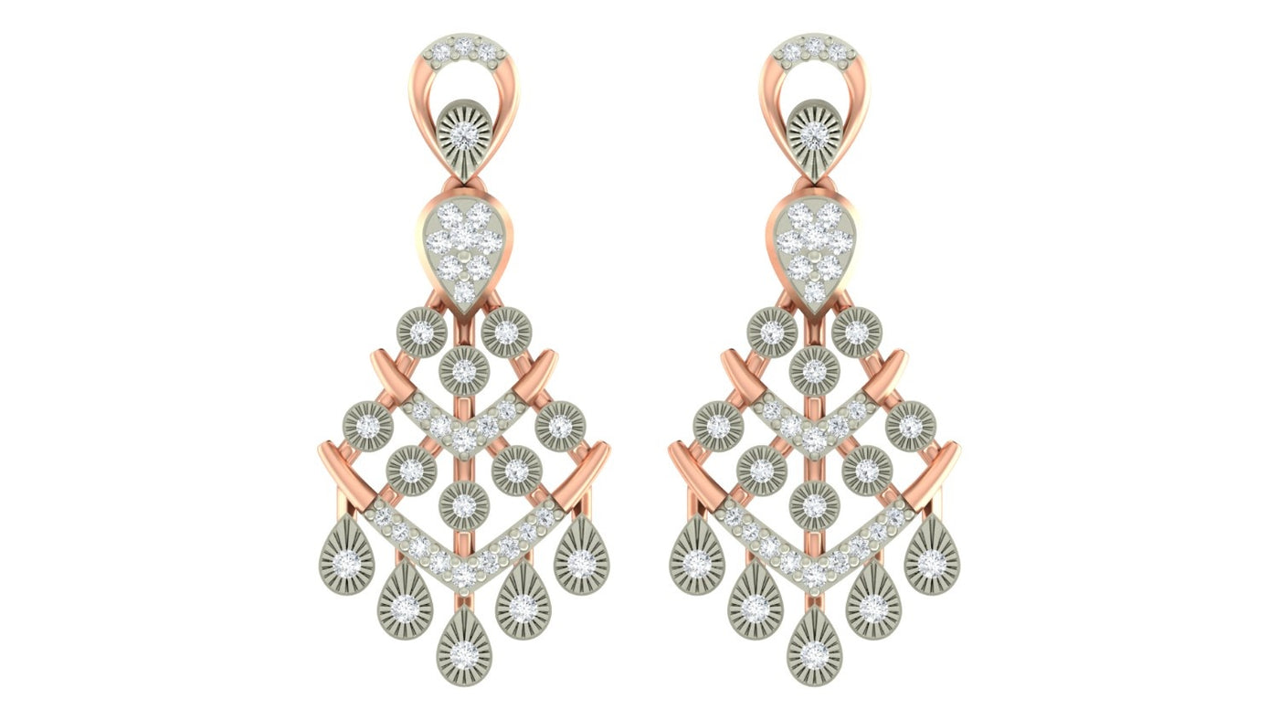 Pair of rose gold and diamond chandelier earrings with clear gemstones on a white background

