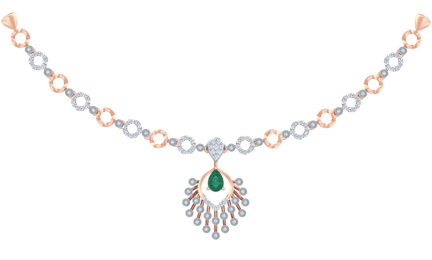 A rose gold and diamond necklace featuring a central emerald-cut green teardrop on a white background.