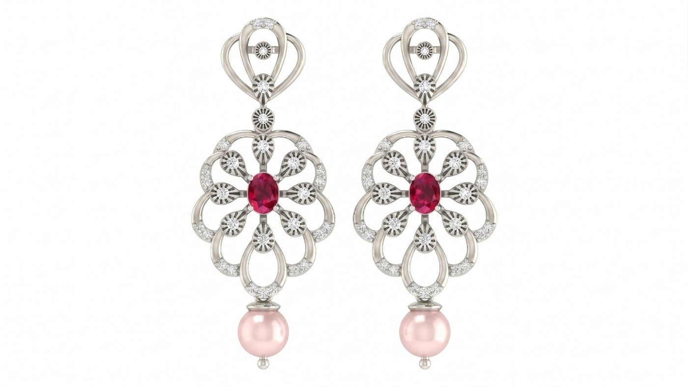 A pair of white gold drop earrings featuring a central red gemstone surrounded by diamond