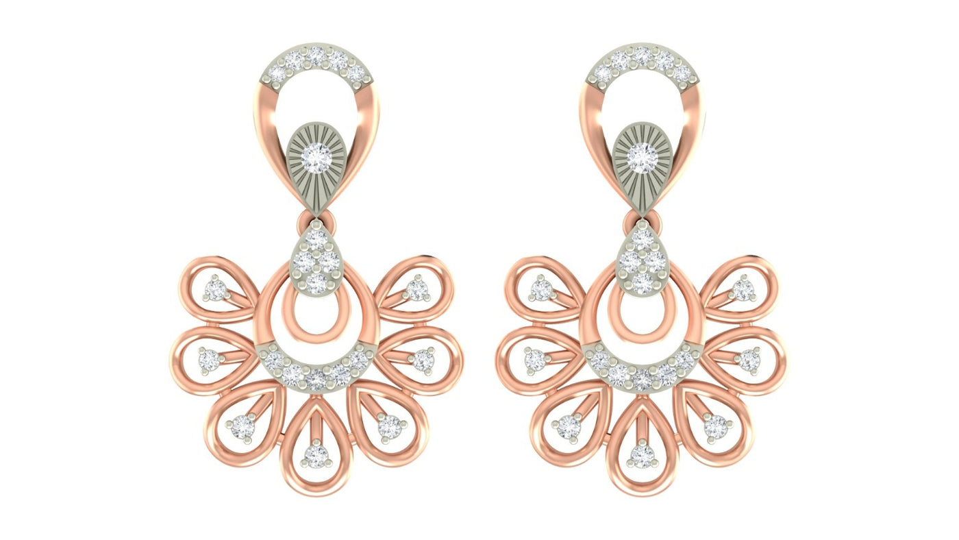A pair of rose gold-toned dangler earrings with intricate floral and circular design
