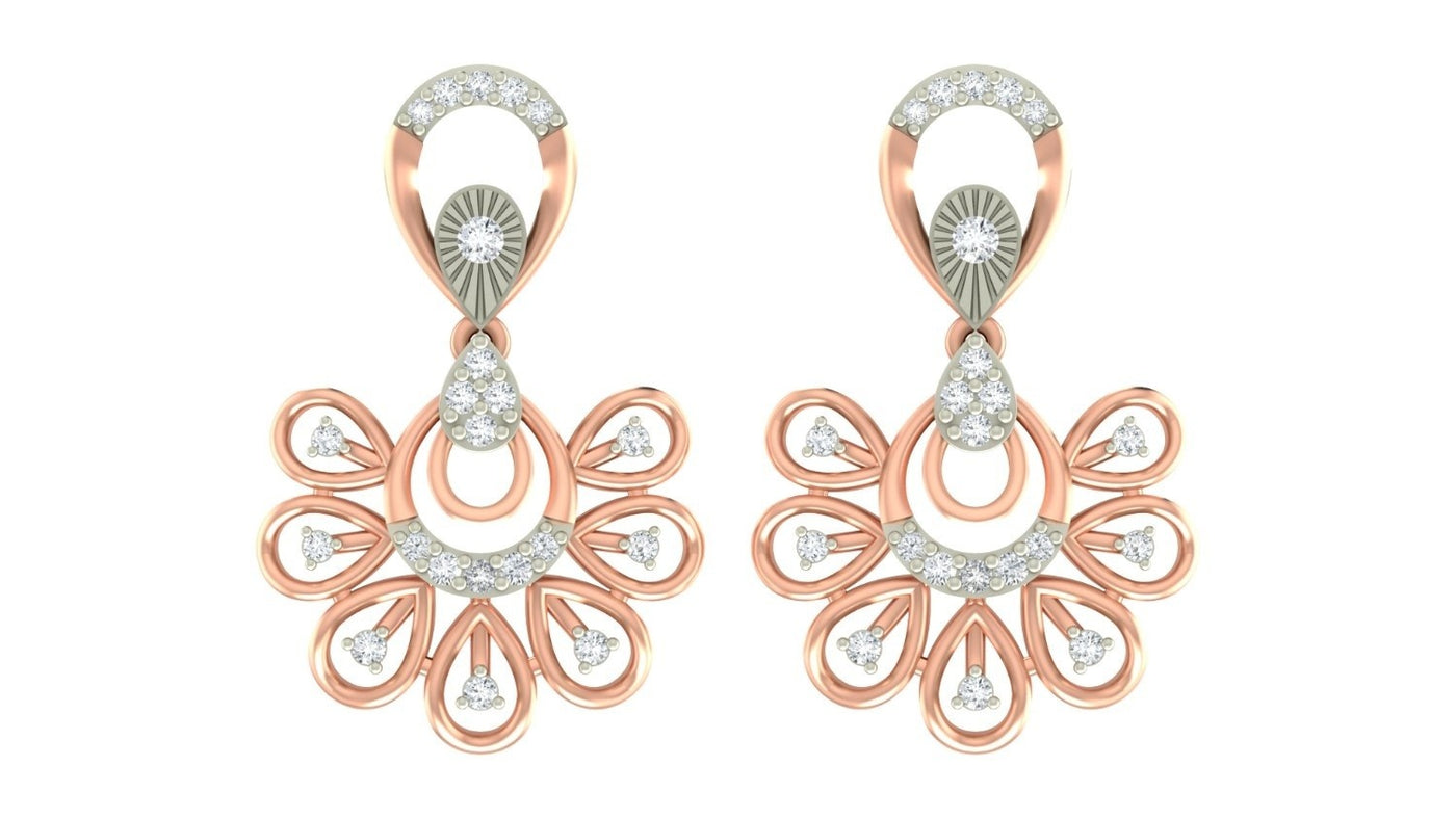 A pair of rose gold-toned dangler earrings with intricate floral and circular design