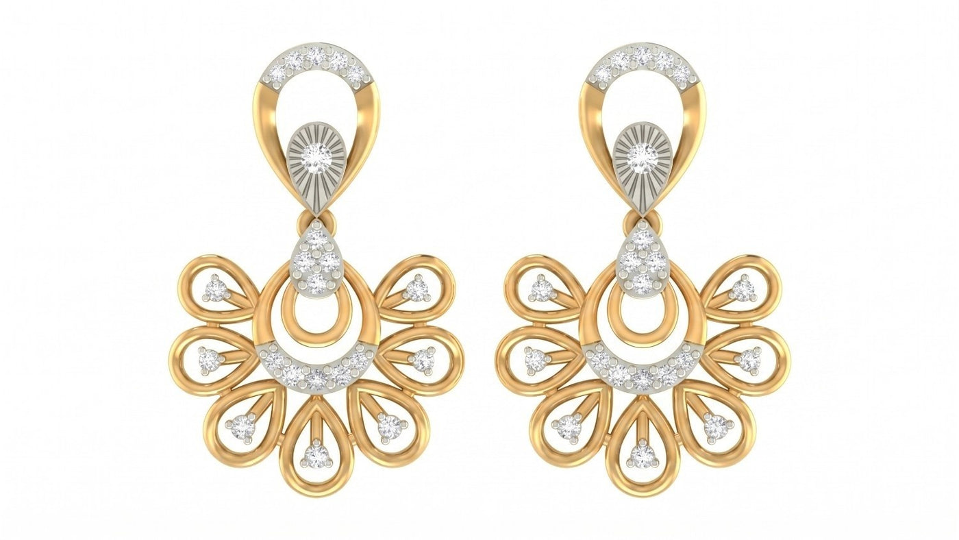 A pair of yellow gold-toned dangler earrings with intricate floral and circular design