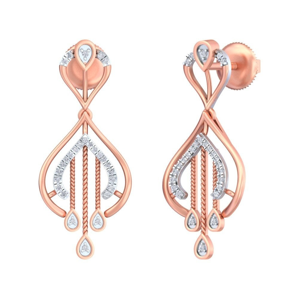 Rose gold earrings with diamond accents on a white background