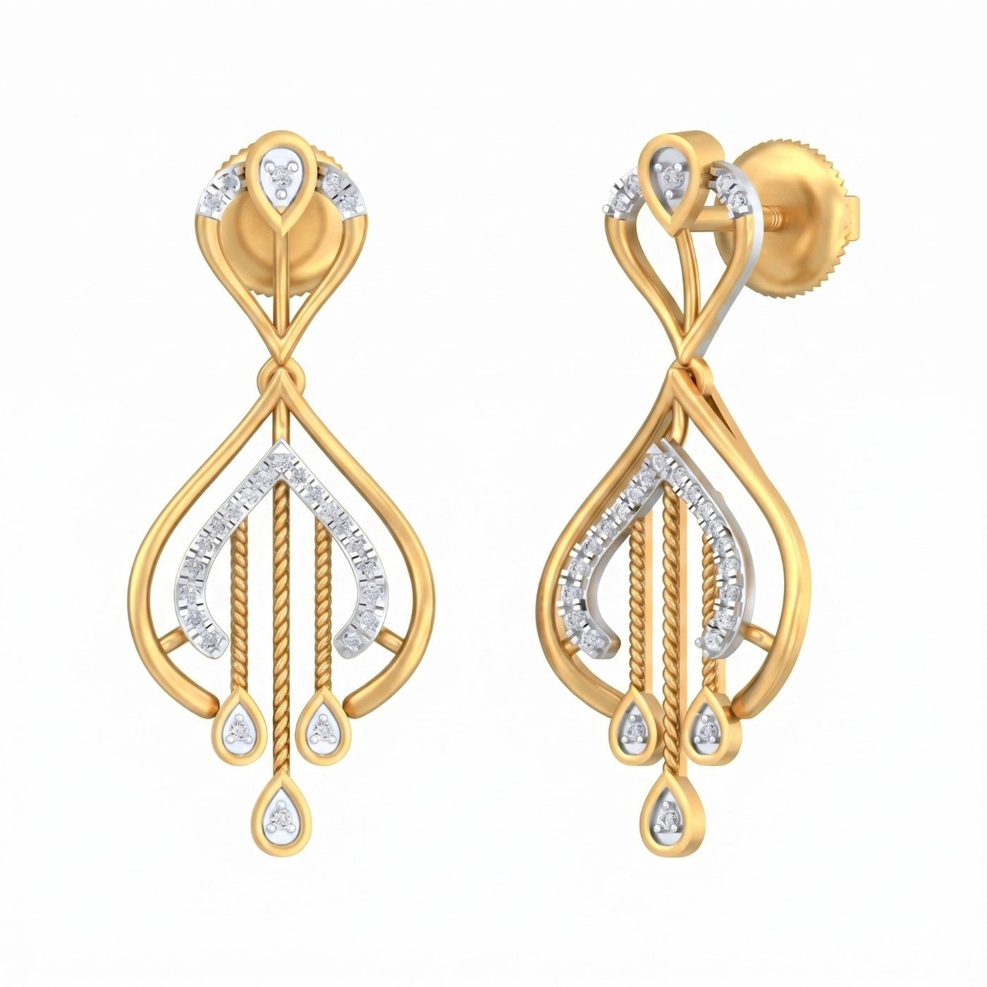 Yellow gold earrings with diamond accents on a white background