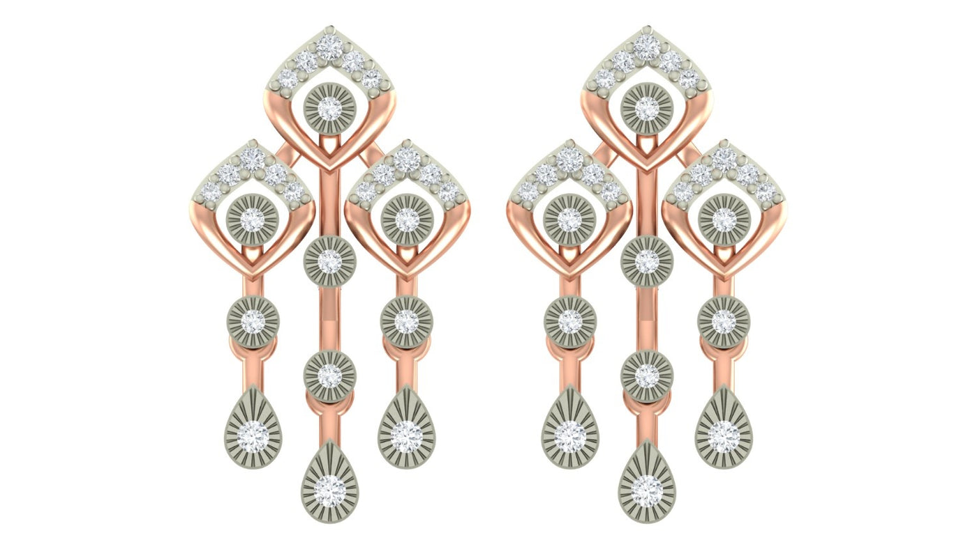 A pair of rose gold and diamond dangle earrings with clear gemstones