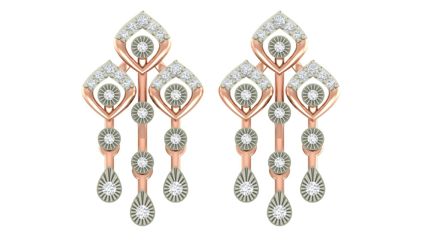 A pair of rose gold and diamond drop earrings with clear diamond, displayed on a solid white background.
