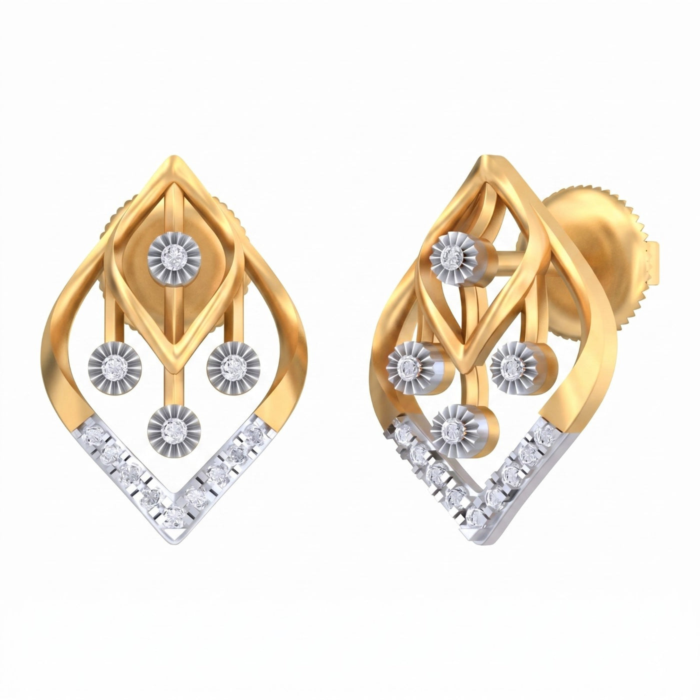 Yellow gold and diamond earrings with marquise designs on a white background.