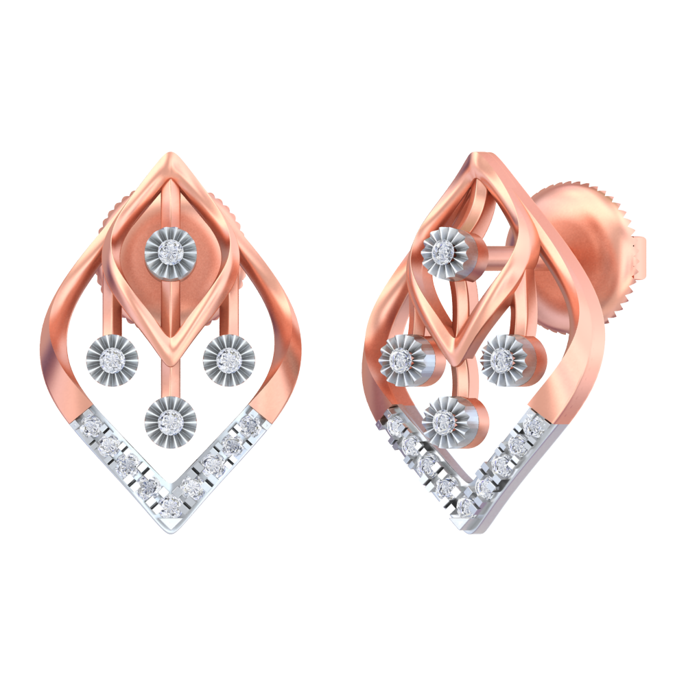 Rose gold and silver earrings with marquise designs on a white background.