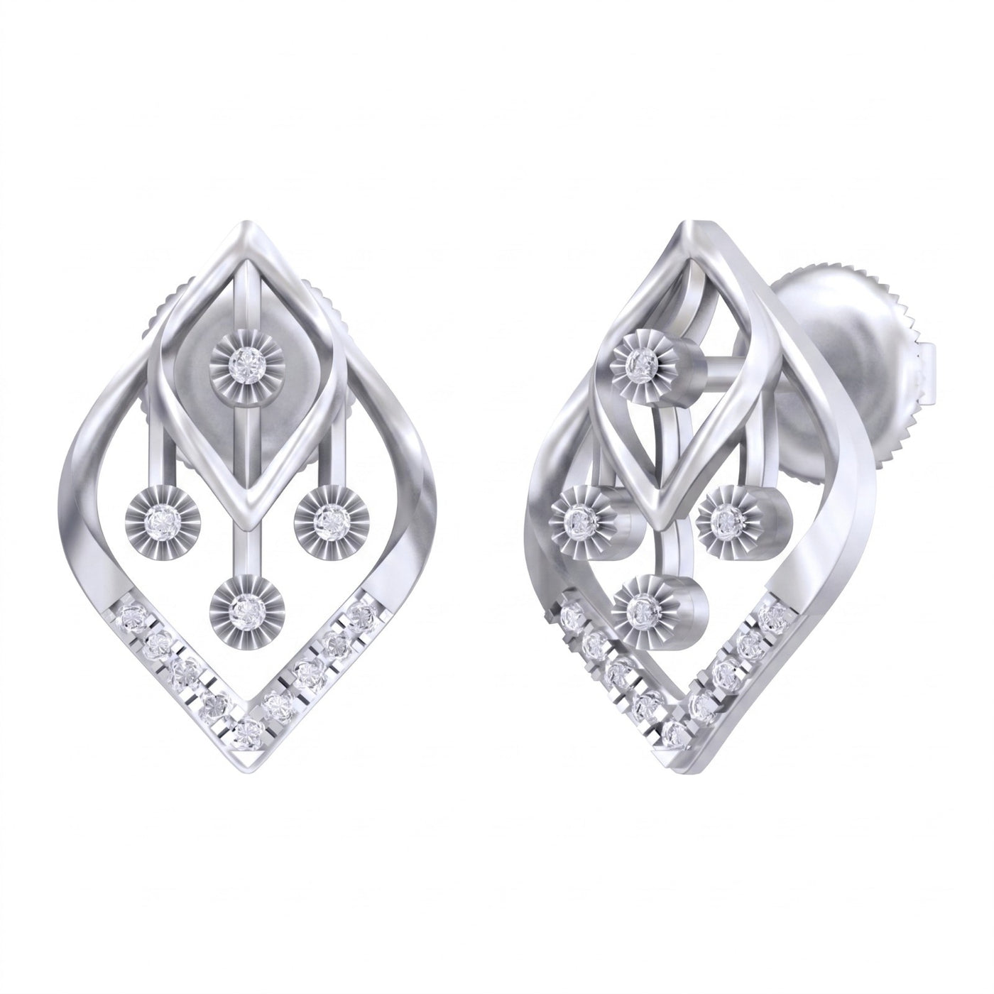 White gold and diamond earrings with marquise designs on a white background.