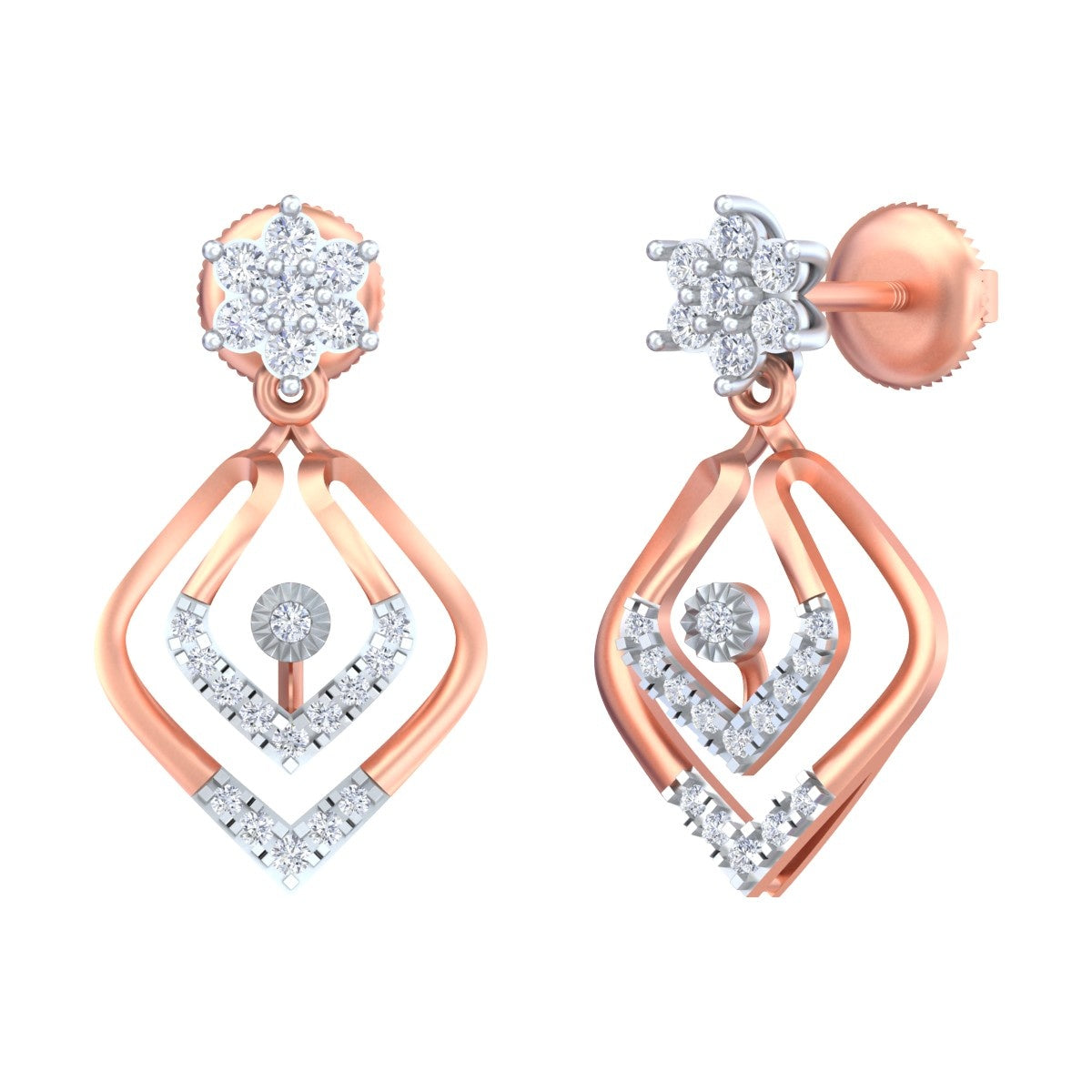 Pair of rose gold and diamond drop earrings on a white background