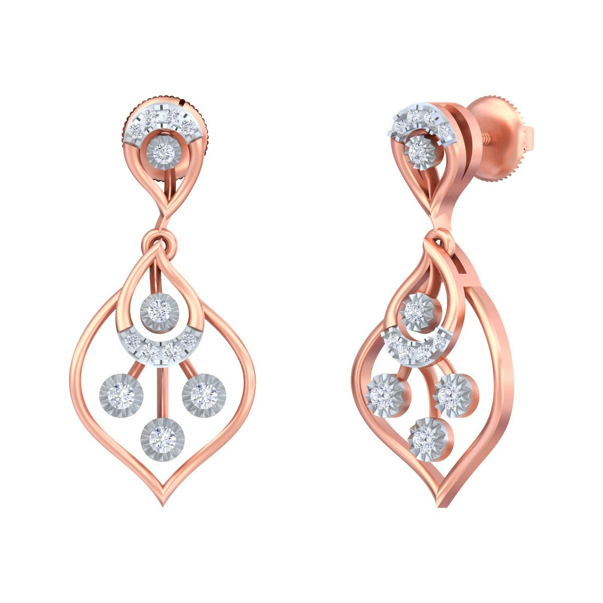 Rose gold and diamond drop earring on a white background.