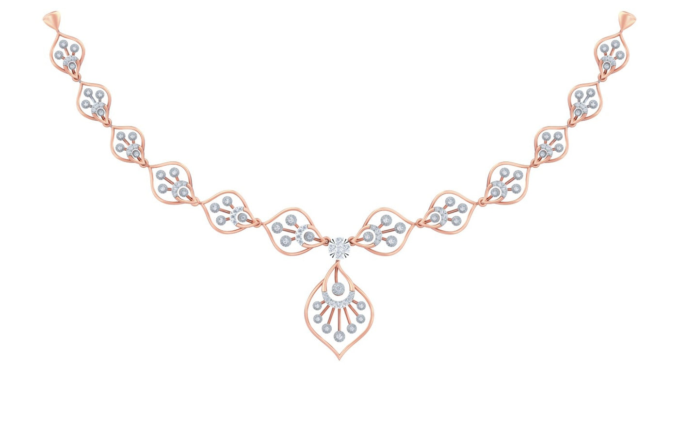 Rose gold and diamond necklace with a central teardrop pendant, displayed on a solid white background.