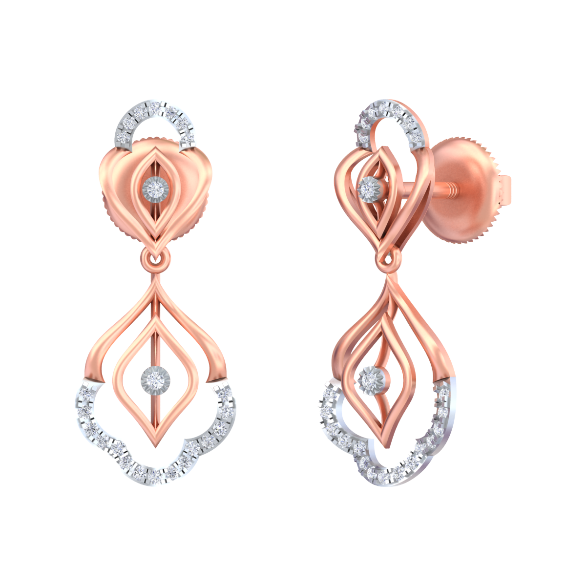 A pair of rose gold earrings featuring a intricate design with multiple diamond encrusted sections.