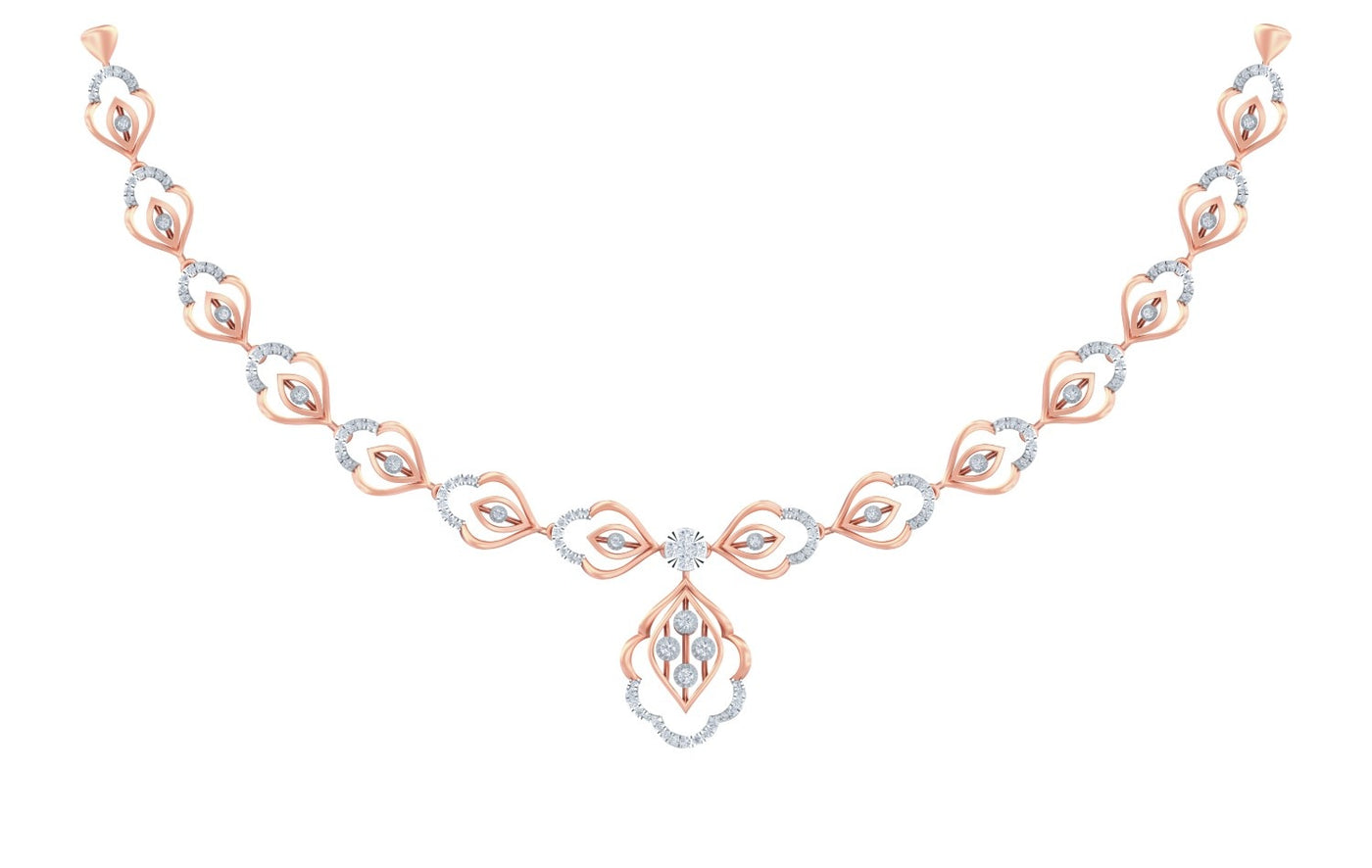 A rose gold and diamond necklace with a symmetrical design, featuring floral-shaped motifs on a solid white background.