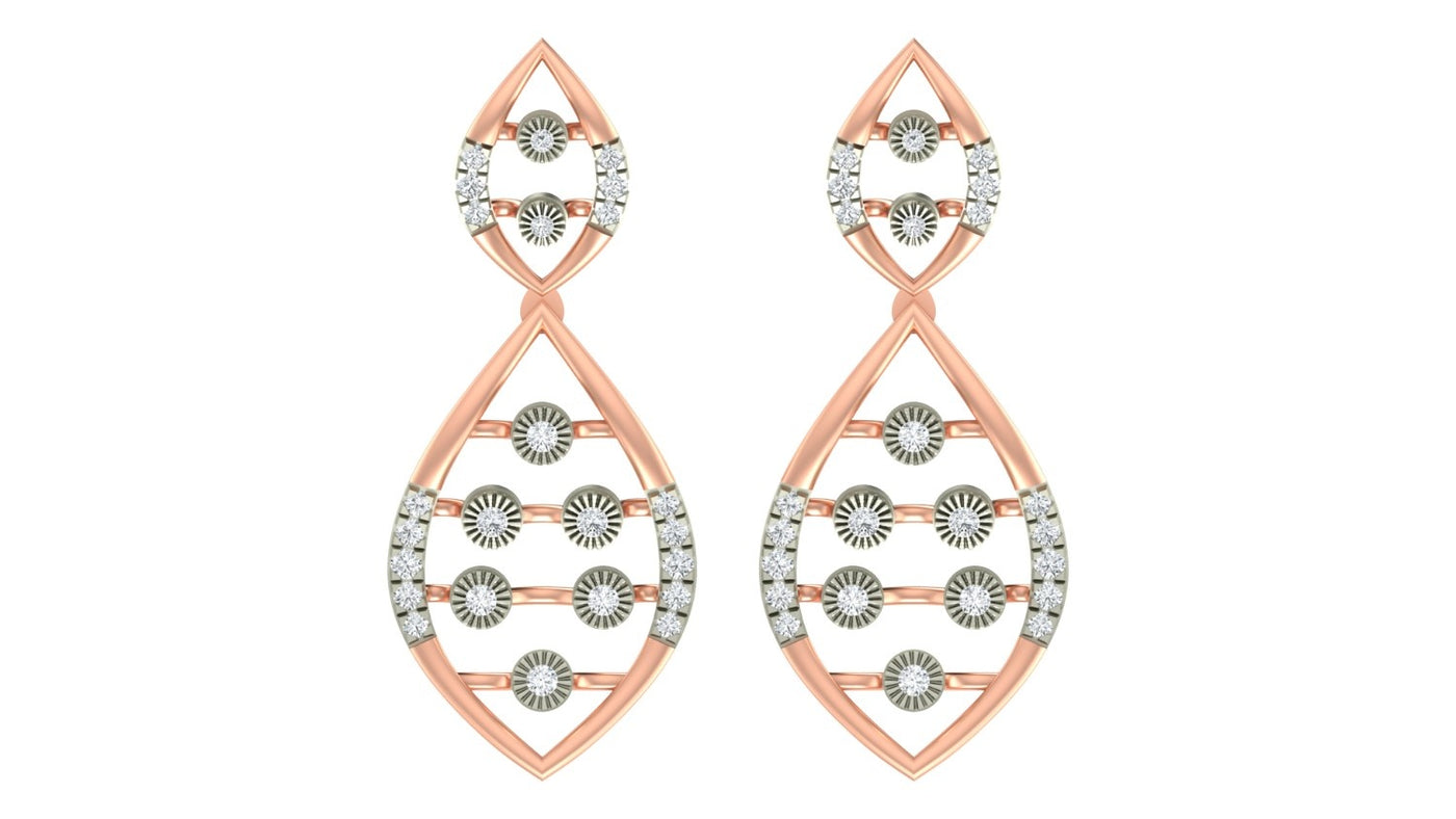 Pair of rose gold and diamond earrings with intricate designs on a white background
