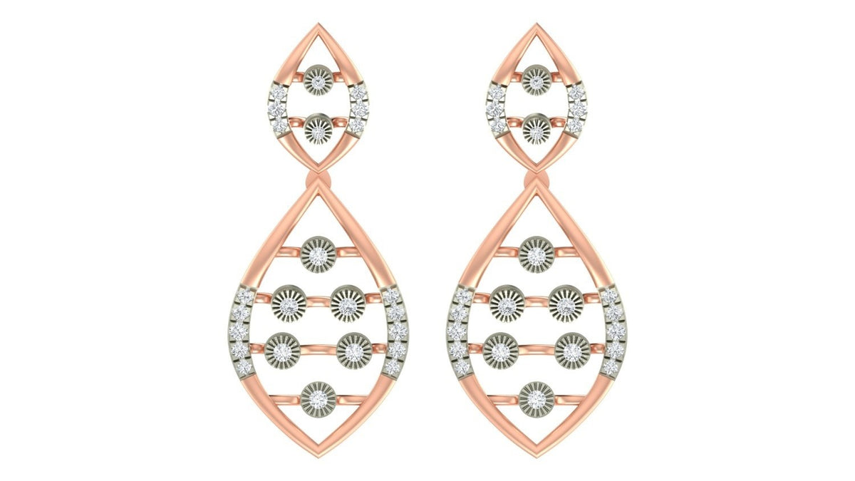 A pair of rose gold and diamond daangler earrings with a teardrop-shaped design,  shown on a plain white background.