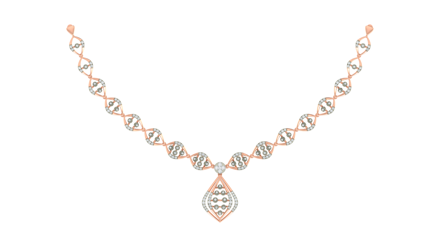 Rose gold and diamond necklace with diamond-like stones on a white background