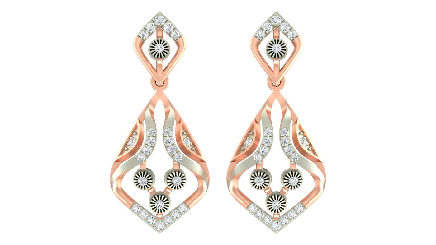 Rose gold and diamond drop earring on a white background.