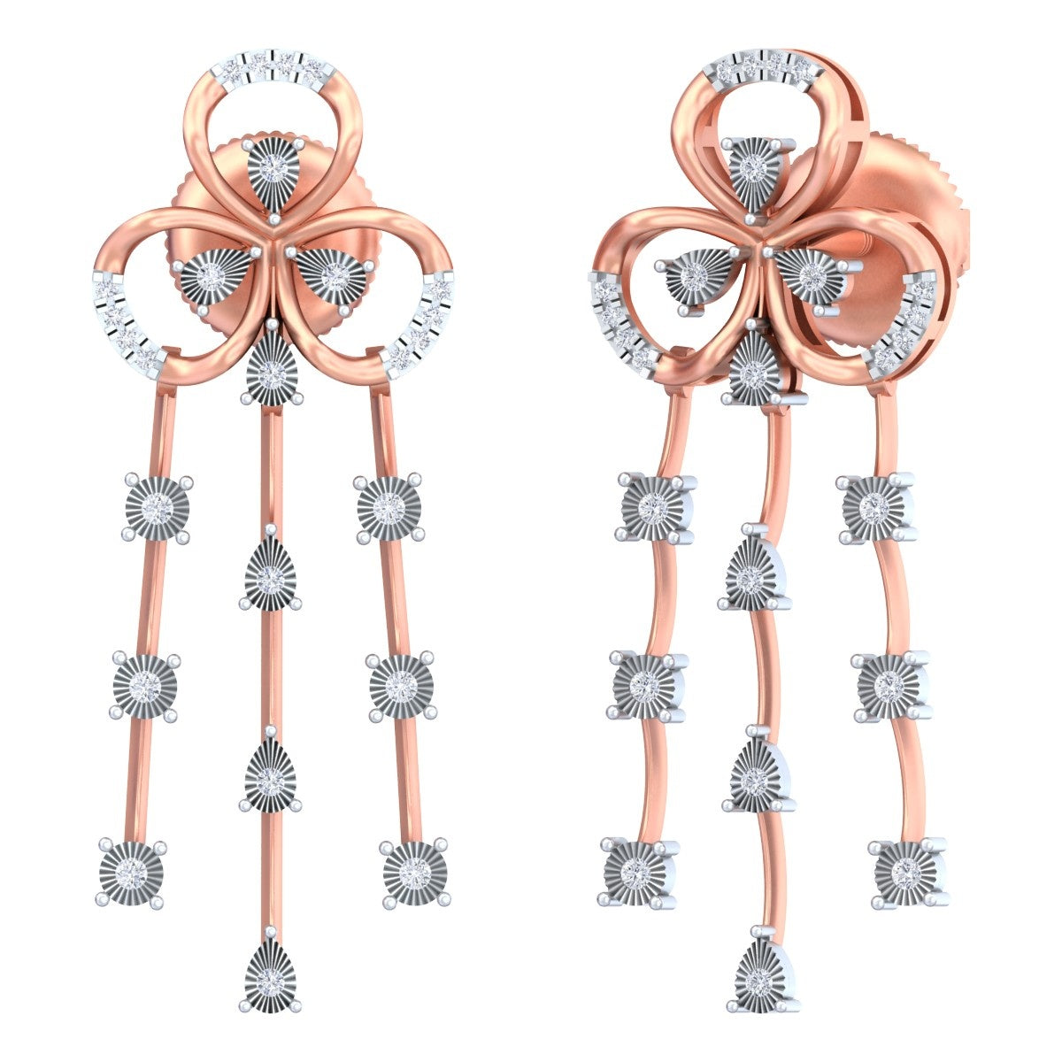 A pair of rose gold earrings with sparkling diamond accents, featuring a luxurious and elegant design.
