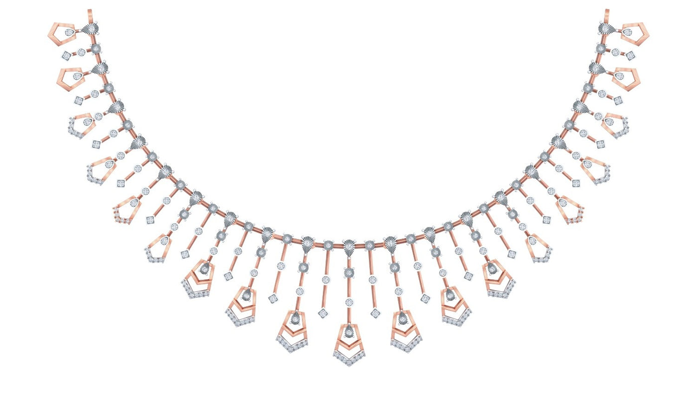Necklace with geometric pendants on a white background