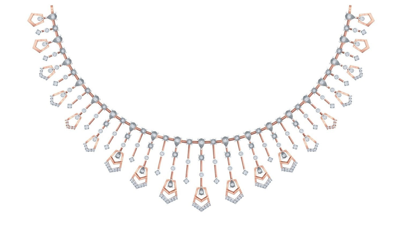 A rose gold and diamond necklace with diamond accents, with dangling geometric elements on a plain white background.